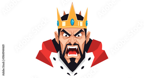 Angry royal king character featuring a golden crown, sharp fangs, and a dark beard, wearing a red and white cloaks with spots.