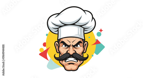 Determined male chef with a stern expression and a large black mustache wearing a tall white chef hat on a colorful background.