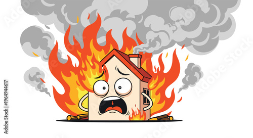 Cartoon house character with a terrified expression is engulfed in bright orange flames and thick grey smoke clouds.