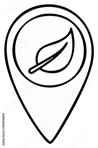 Leaf within a location pin icon indicating eco tourism friendly natural area designation map pointer
