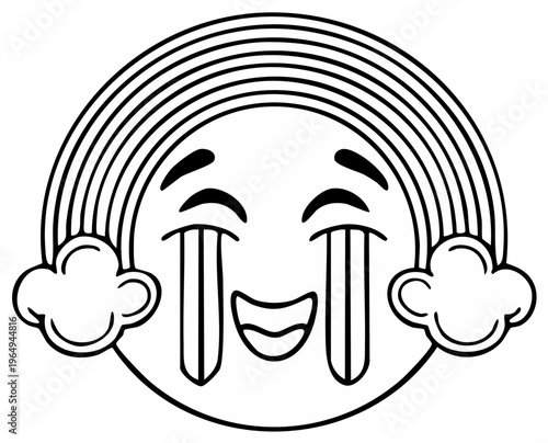 Cartoon rainbow emoji with tears and cloud detail, drawing for coloring, happy crying expression