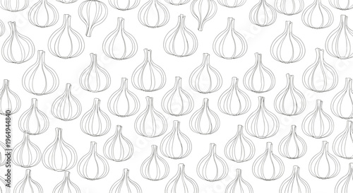 Minimalist black and white pattern of hand-drawn garlic bulbs arranged in a random distribution on a white surface.
