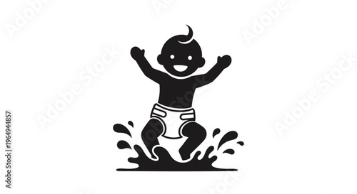 Black silhouette of a happy baby in a diaper jumping and splashing in a puddle of water against a white background.