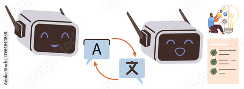 AI translation, language processing, technology solutions, creative thinking, AI tools, teamwork. Two robot faces, language symbols checklist person with ideas. AI translation and language