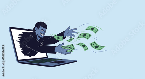 Malicious hacker character reaching out from a laptop screen to steal flying green dollar bills in a cybercrime concept.