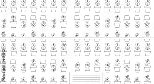 Seamless black and white pattern of flower pots in rows with some being inverted and a label space at the bottom.