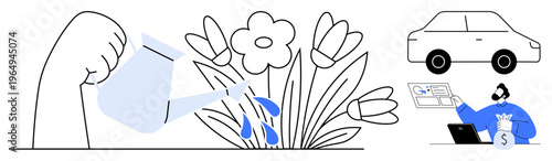 Gardening, environmental care, transportation, digital business, financial transactions, identity verification. A hand watering flowers, a car, and a person engaging in online financial actions