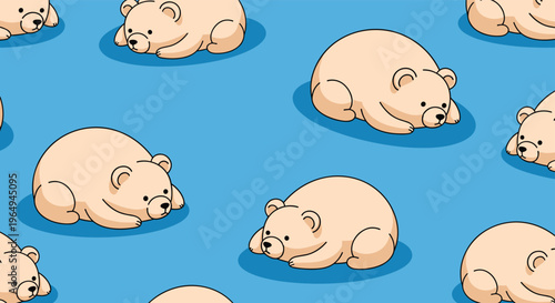 Seamless pattern of cute plump polar bears resting on their stomachs over a bright blue water background design.