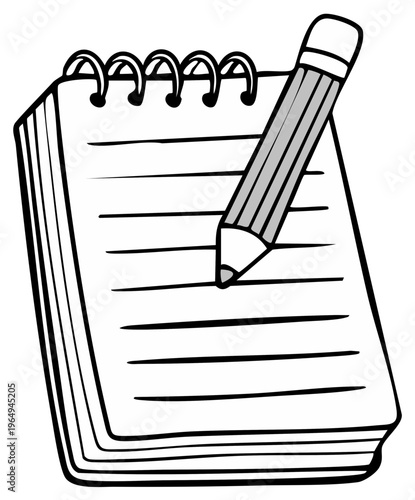 Sketch illustration of notepad with blank lined pages and pencil for writing or drawing
