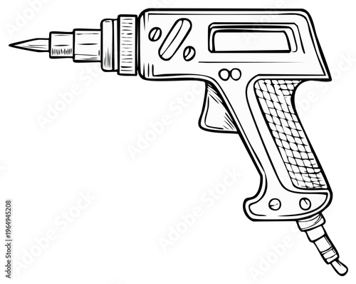 Retro soldering iron tool with digital display and engraved grip detailed sketch