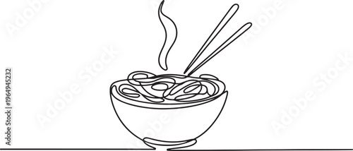 Continuous one line drawing of asian noodle in the bowl. Ramen line art drawing vector illustration. One line draw graphic design vector