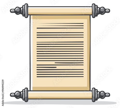 Ancient document scroll design. Unrolled papyrus illustration with old paper text and decoration element isolated.