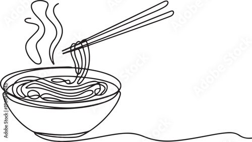 Continuous one line drawing of asian noodle in the bowl. Ramen line art drawing vector illustration. One line draw graphic design vector