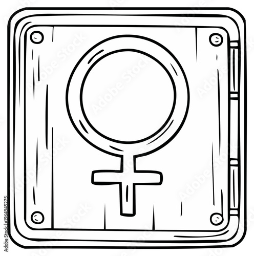 Hand Drawn Line Art Wooden Female Restroom Sign with Venus Symbol on Plaque