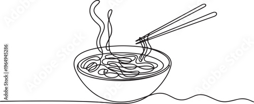 Continuous one line drawing of asian noodle in the bowl. Ramen line art drawing vector illustration. One line draw graphic design vector