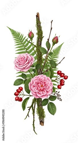 Elegant floral arrangement with pink roses, ferns, and berries.