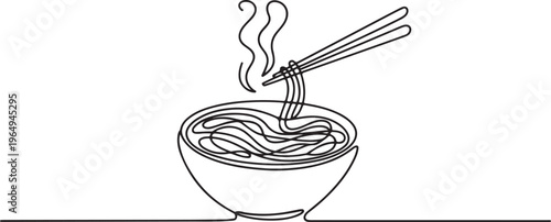 Continuous one line drawing of asian noodle in the bowl. Ramen line art drawing vector illustration. One line draw graphic design vector