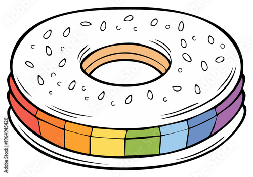 Cartoon illustration of a colorful bagel with a rainbow design, on plate
