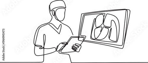 Doctor with a tablet. The surgeon looks at the big screen. Medical technologies. Doctor online. One continuous line drawing. One line draw graphic design vector