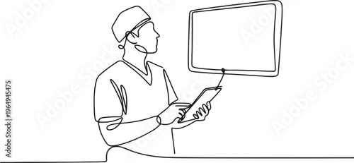Doctor with a tablet. The surgeon looks at the big screen. Medical technologies. Doctor online. One continuous line drawing. One line draw graphic design vector