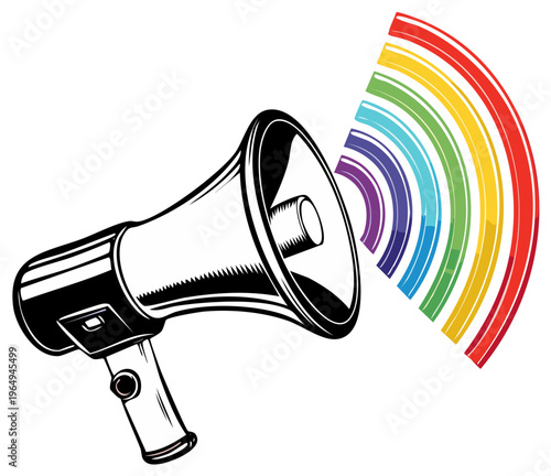 Megaphone broadcasting vibrant sound waves, vector illustration of communication, announcement, and rainbow concept