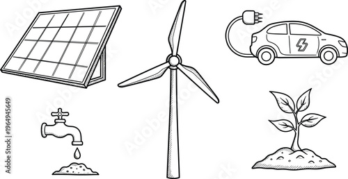 Renewable energy and water conservation vector icon set featuring solar panels wind turbines electric cars and dripping water faucets,