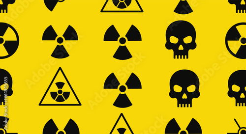 Toxic hazard pattern featuring black radiation symbols and skulls on a bright yellow background for high visibility.