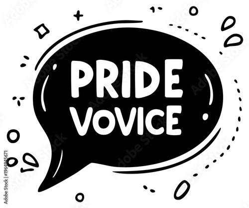 Bold graphic illustration of speech bubble with 'Pride Voice' text, symbol of equality.