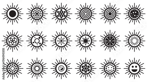 A collection of various sun symbols and icons in black and white on a plain background