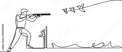 One single line drawing of young man practicing to shot target in range on shooting training ground vector illustration graphic. Clay pigeon shooting sport concept. One line draw graphic design vector