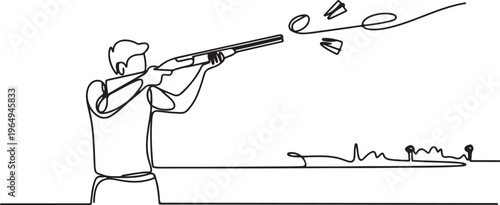 One single line drawing of young man practicing to shot target in range on shooting training ground vector illustration graphic. Clay pigeon shooting sport concept. One line draw graphic design vector