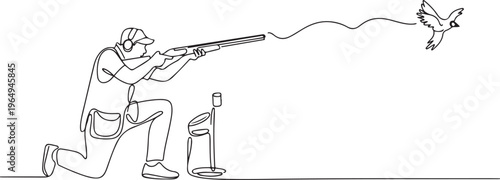 One single line drawing of young man practicing to shot target in range on shooting training ground vector illustration graphic. Clay pigeon shooting sport concept. One line draw graphic design vector