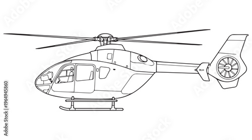 A detailed line drawing of a helicopter with rotor blades and tail section