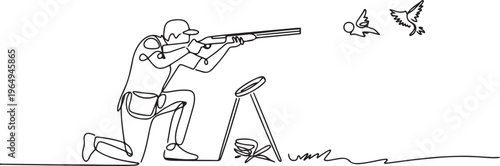 One single line drawing of young man practicing to shot target in range on shooting training ground vector illustration graphic. Clay pigeon shooting sport concept. One line draw graphic design vector