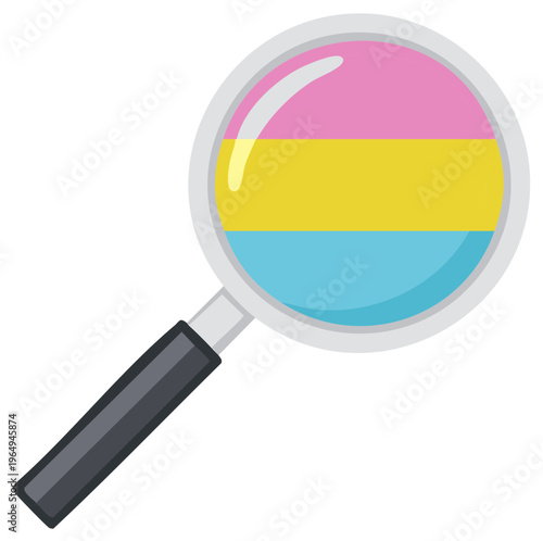 Magnifying glass with the Pansexual pride flag colors symbolizing discovery and acceptance