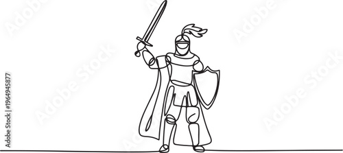 Single continuous line drawing medieval knight in armor, cape and helmet with feather. Warrior of middle ages standing, holding shield and raised sword. One line draw graphic design vector