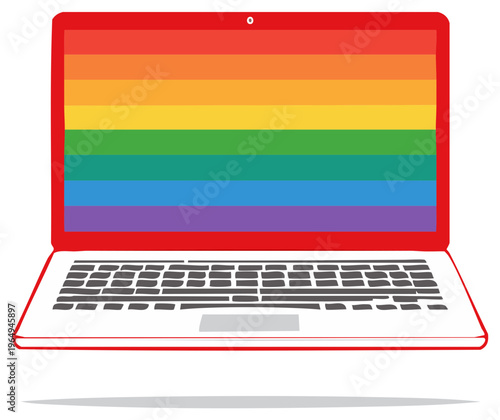 Open laptop displaying a rainbow flag on its screen with a red bezel