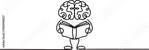 Single continuous line drawing of human brain standing and reading book for public library logo label. Smart character logotype icon concept. One line draw graphic design vector