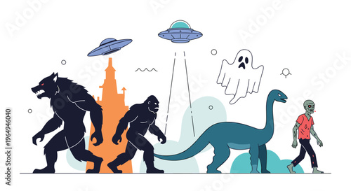 Various legendary monsters and cryptids like bigfoot werewolf and a ghost walking under flying saucers in a flat vector style.