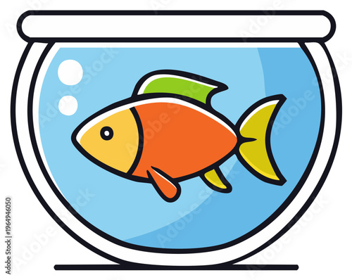 Cartoon goldfish swimming in a fishbowl with air bubbles