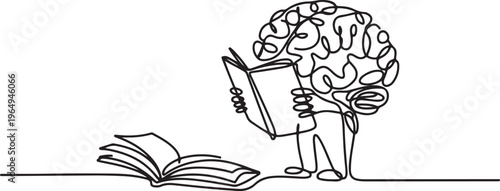 Single continuous line drawing of human brain standing and reading book for public library logo label. Smart character logotype icon concept. One line draw graphic design vector