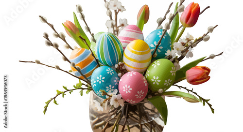 Easter eggs, colorful tulips, spring bouquet, floral arrangement, decorated eggs