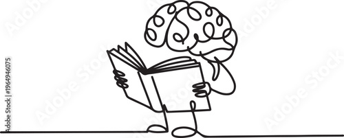 Single continuous line drawing of human brain standing and reading book for public library logo label. Smart character logotype icon concept. One line draw graphic design vector
