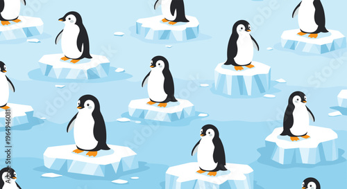 Pattern of adorable penguins standing on small floating ice floes in the blue arctic ocean for seasonal winter decorations.