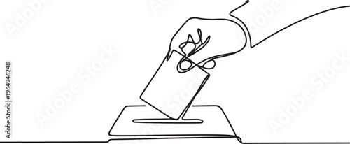 Vector abstract continuous one single simple line drawing icon of hand with voting ballot and box. One line draw graphic design vector