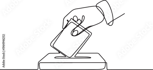 Vector abstract continuous one single simple line drawing icon of hand with voting ballot and box. One line draw graphic design vector
