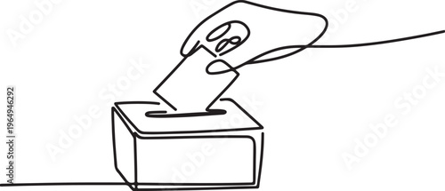 Vector abstract continuous one single simple line drawing icon of hand with voting ballot and box. One line draw graphic design vector