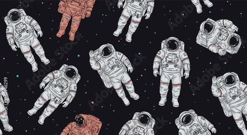 Seamless space pattern with astronauts in white suits floating among colorful stars and planets on a deep black background.