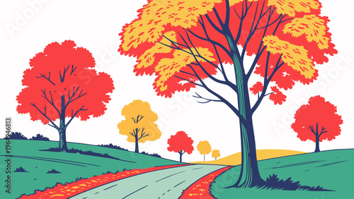 A serene autumn countryside road lined with vibrant golden, red, and yellow trees on green hills, evoking a sense of seasonal change and tranquility in a rural landscape.