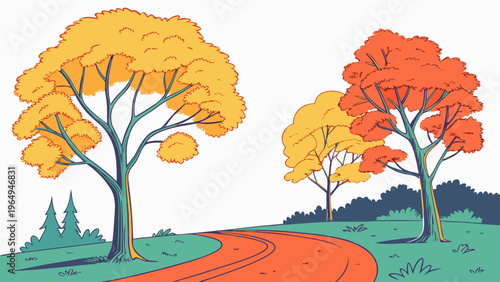 A serene autumn countryside road lined with vibrant golden and orange trees on a sunny day, surrounded by lush green grass and foliage, evoking a sense of tranquility and seasonal change.